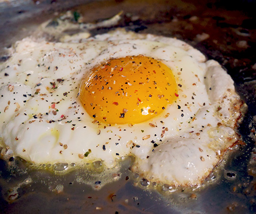 The egg frying in the pan.